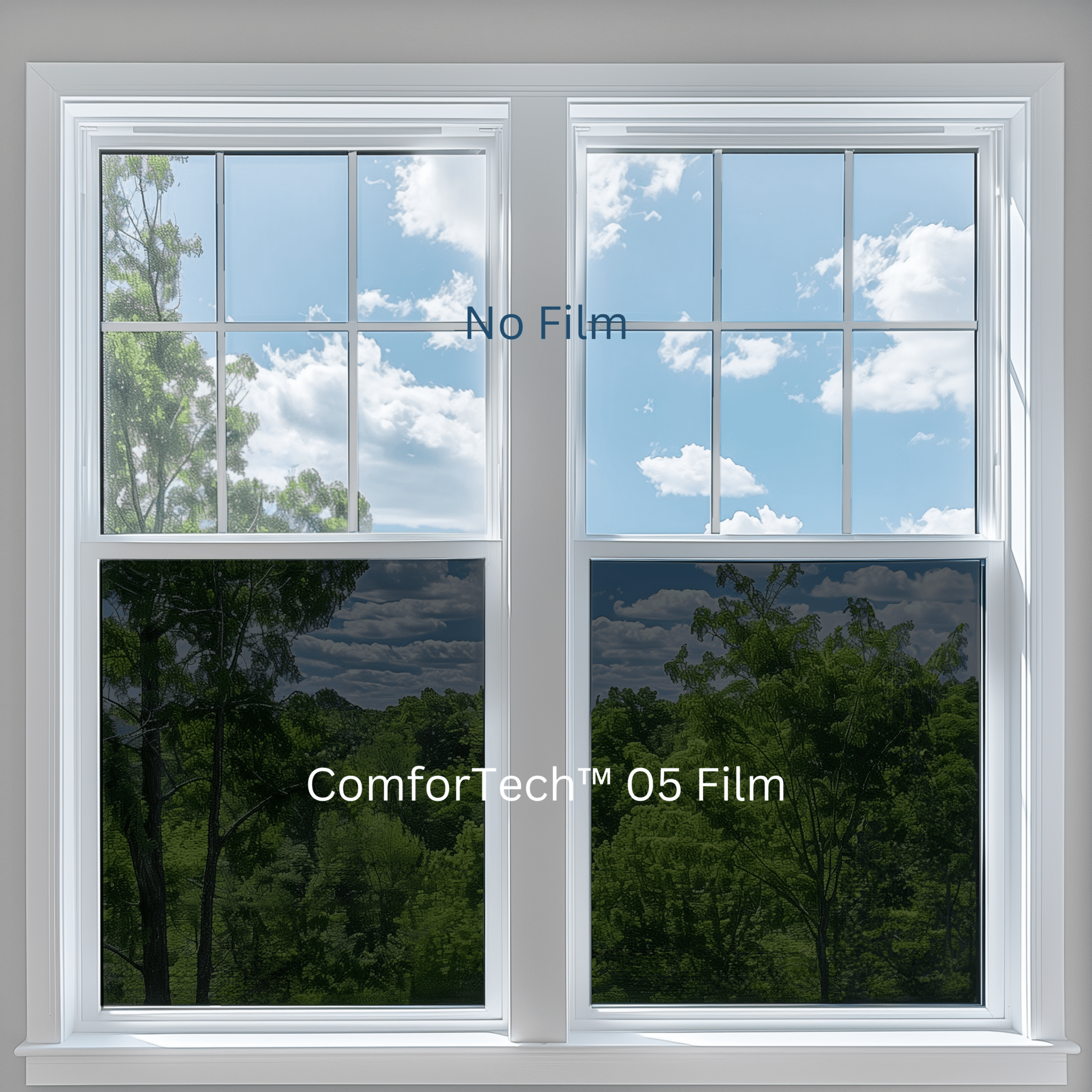 Photo of a pair of double hung windows side-by-side with ComforTech 05 on the bottom sashes and no film on the top sashes to demonstrate how the ComforTech 05 Ceramic Series Window Film will look on a customer's windows.