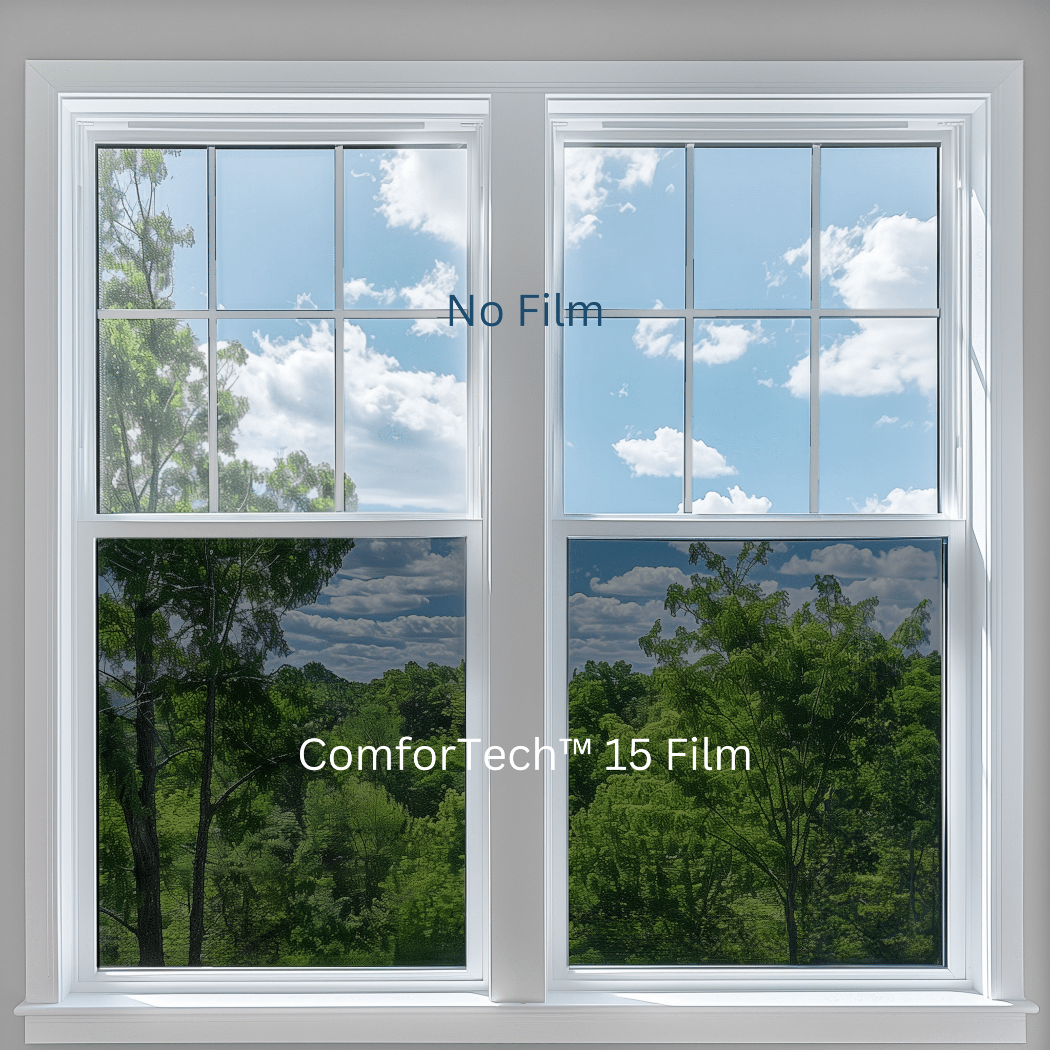 Photo of ComforTech 15 Ceramic window film installed on the bottom half of window with clear glass on top half to show difference to show window tint shade