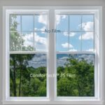 Photo of ComforTech 25 Ceramic window film installed on the bottom half of window and clear glass on top to show window tint shade