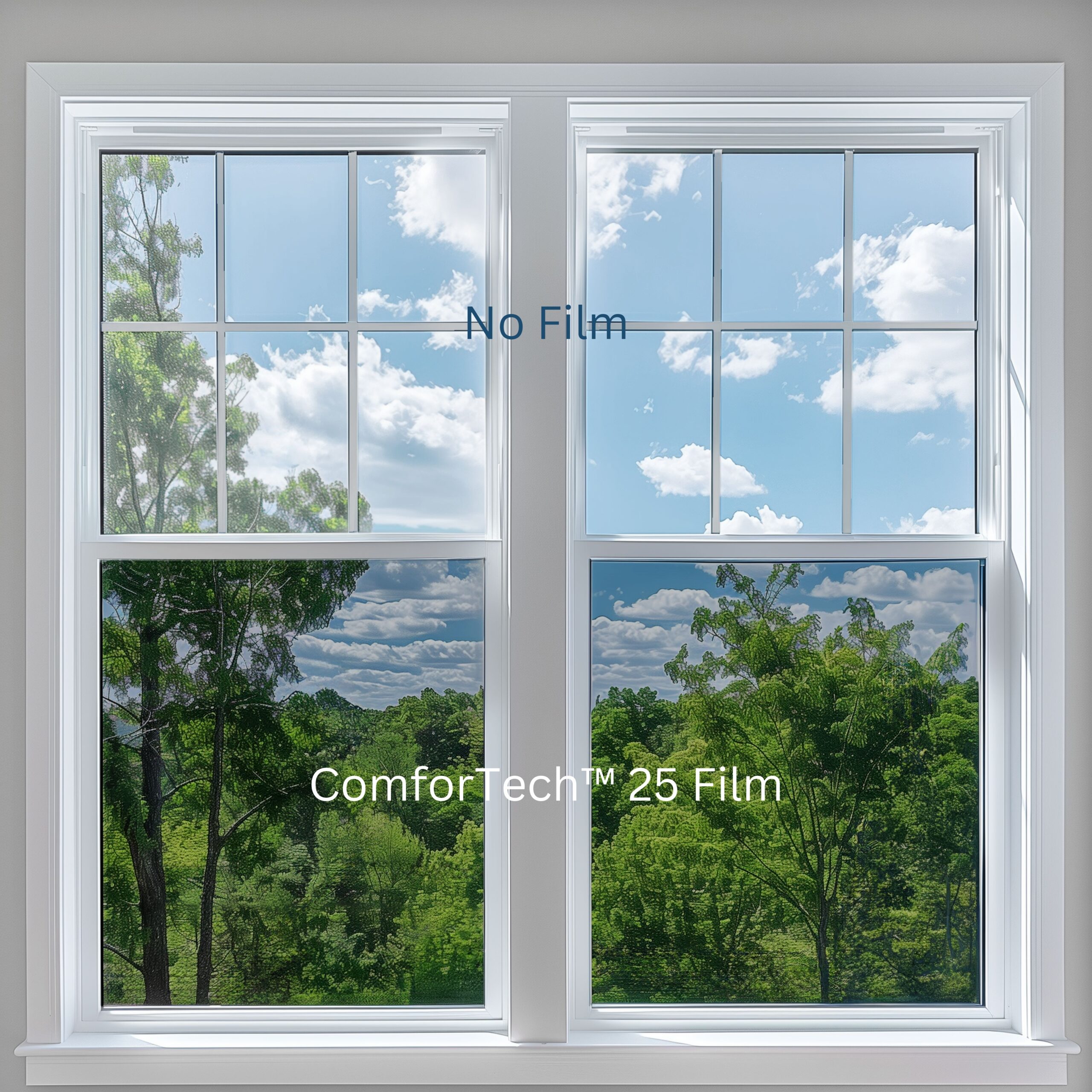 Glare Control Photo Of Comfortech 25 Ceramic Window Film Installed On The Bottom Half Of Window And Clear Glass On Top To Show Window Tint Shade