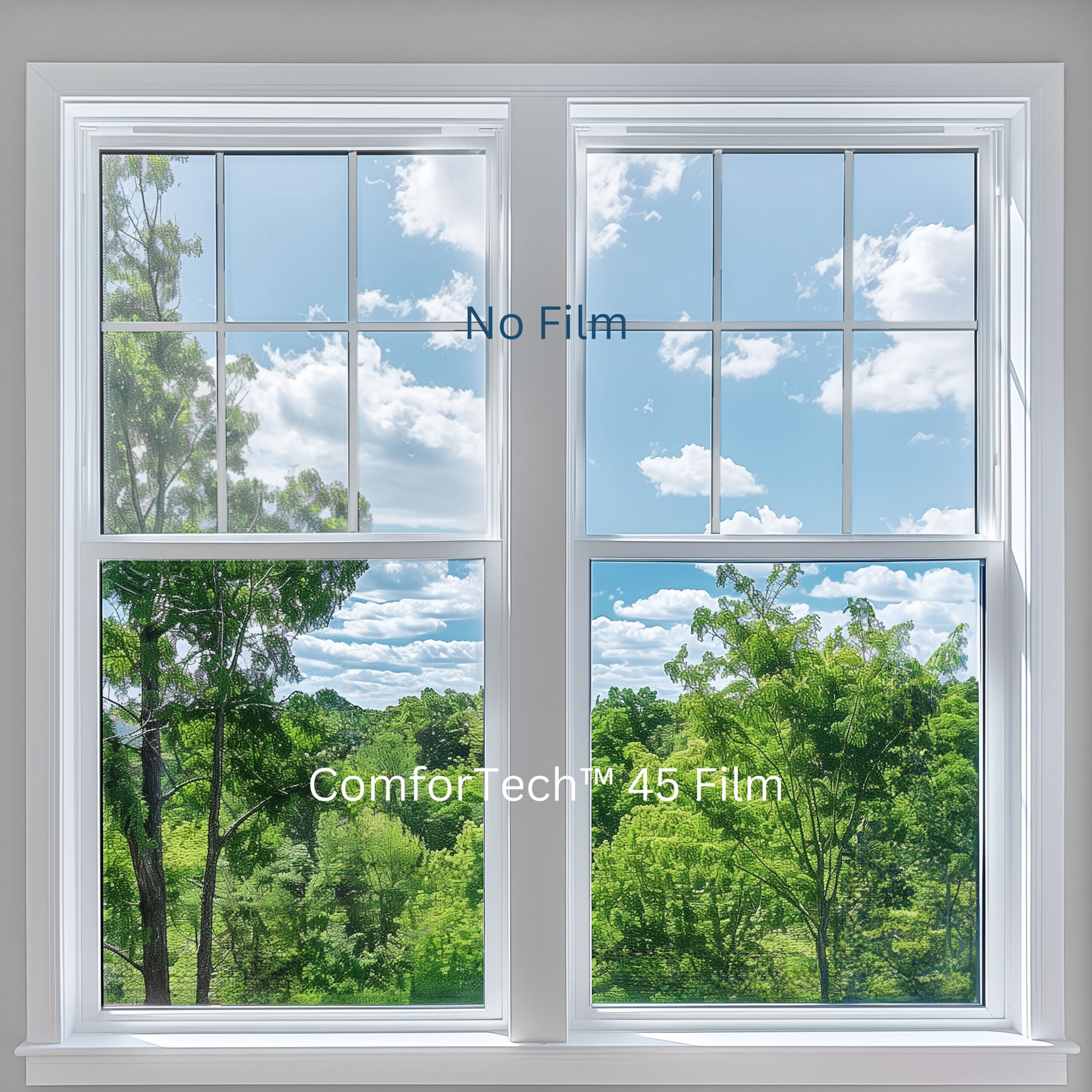 Fade Protection Photo Of Comfortech 45 Ceramic Window Film Installed On The Bottom Half Of Window And Clear Glass On Top, Showing The Window Tint Shade