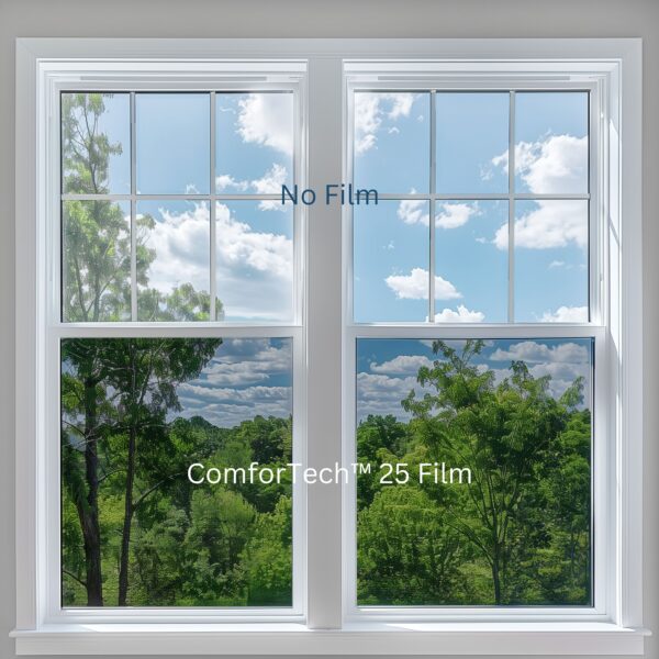 Photo Of Comfortech™ 25 Ceramic Window Film Installed On The Bottom Half Of Window And Clear Glass On Top To Show Window Tint Shade