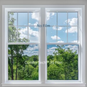 Photo of ComforTech™ 35 Ceramic window film installed on the bottom half of window and clear glass on top to show window tint shade