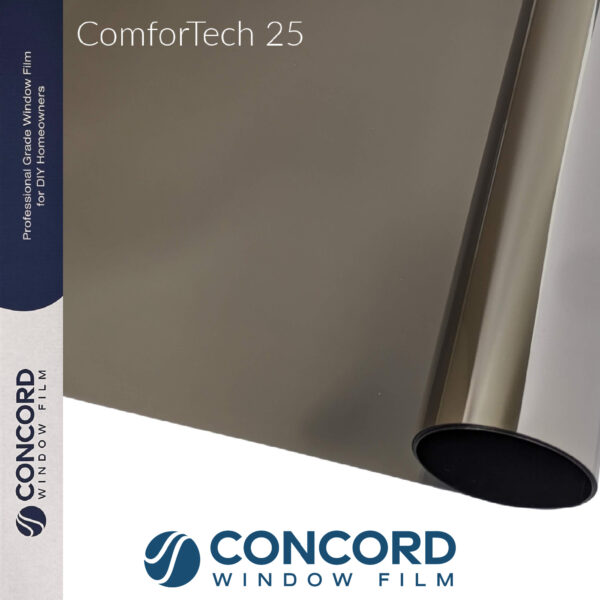 Photo of roll of ComforTech 25 window film with box and Concord Window Film logo