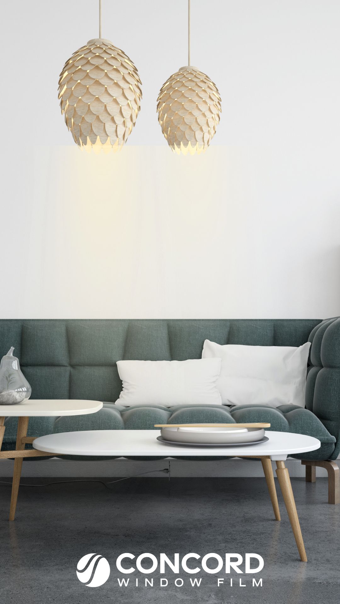 Two hanging light fixtures in a living room