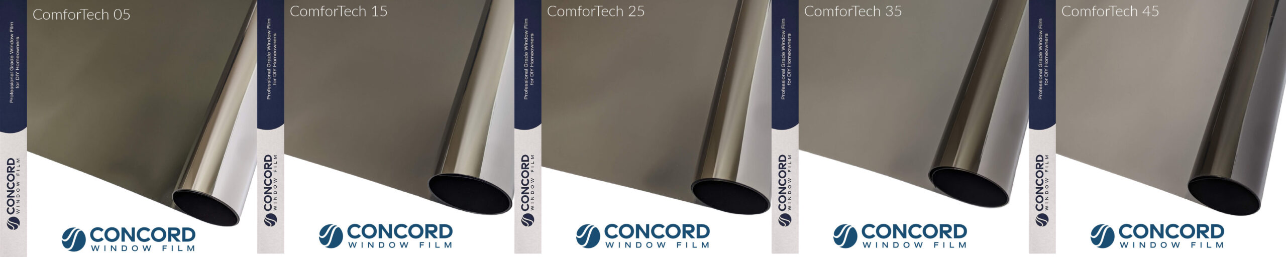 Photos of all five ComforTech window films arranged by VLT or shade from darkest to lightest