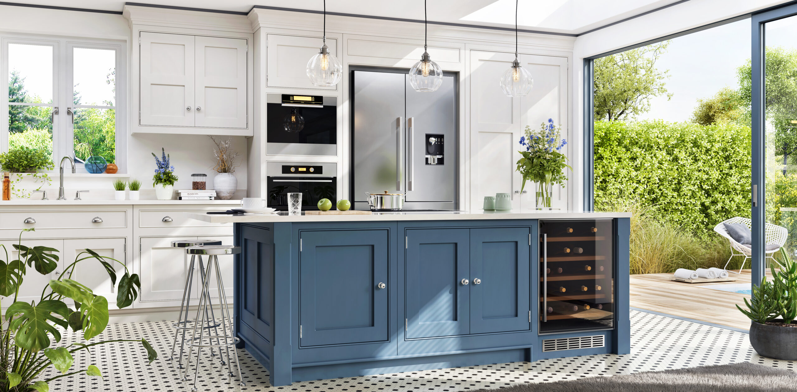 Bright sunny kitchen with blue island and slider
