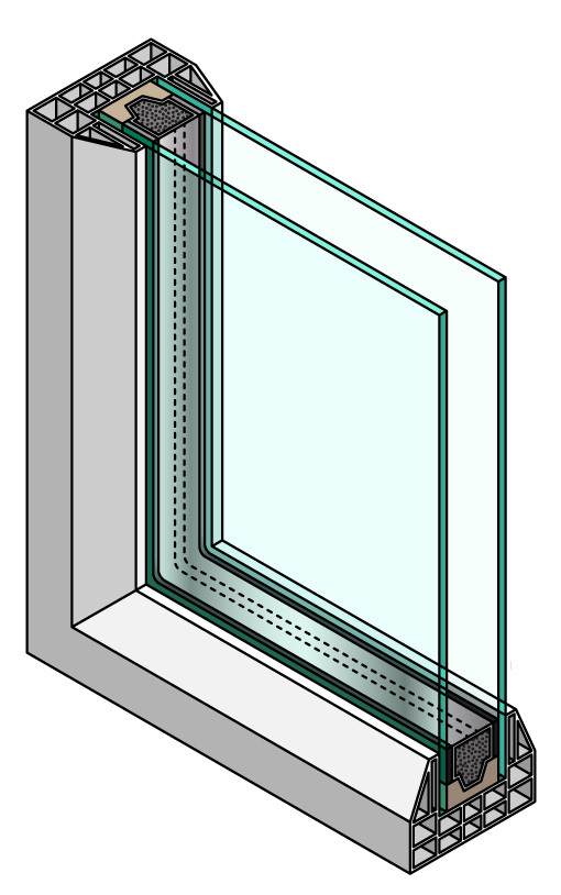 Cross section of a double-pane or double-glazed window