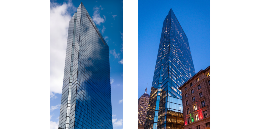 John Hancock Building Boston seen during the day reflecting the sky and at night with lights on for an article on one way window film