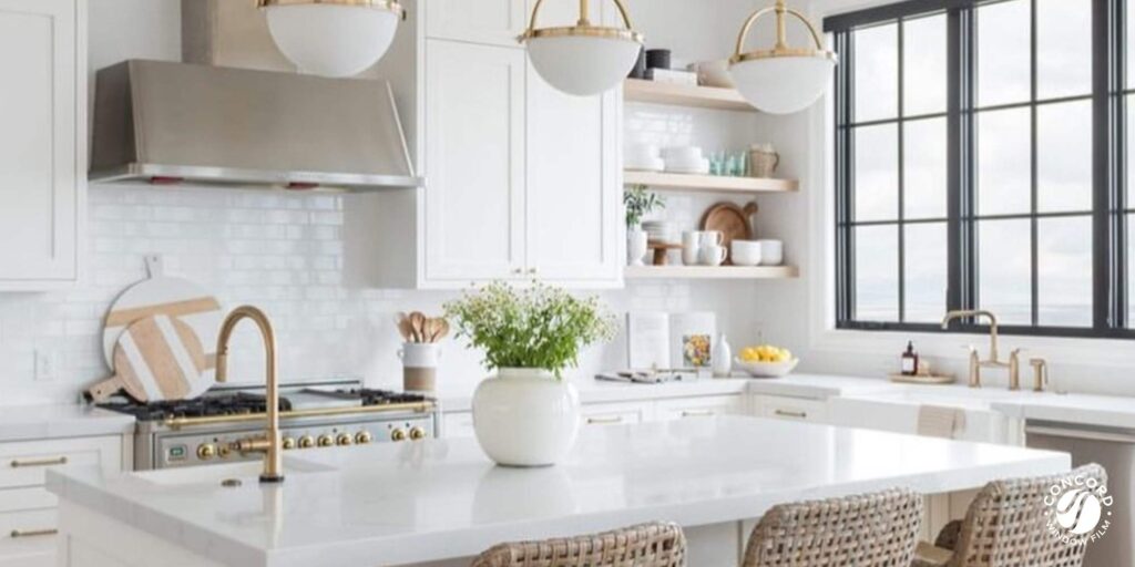 Picture of a beautiful kitchen with a window with matte white privacy film on it