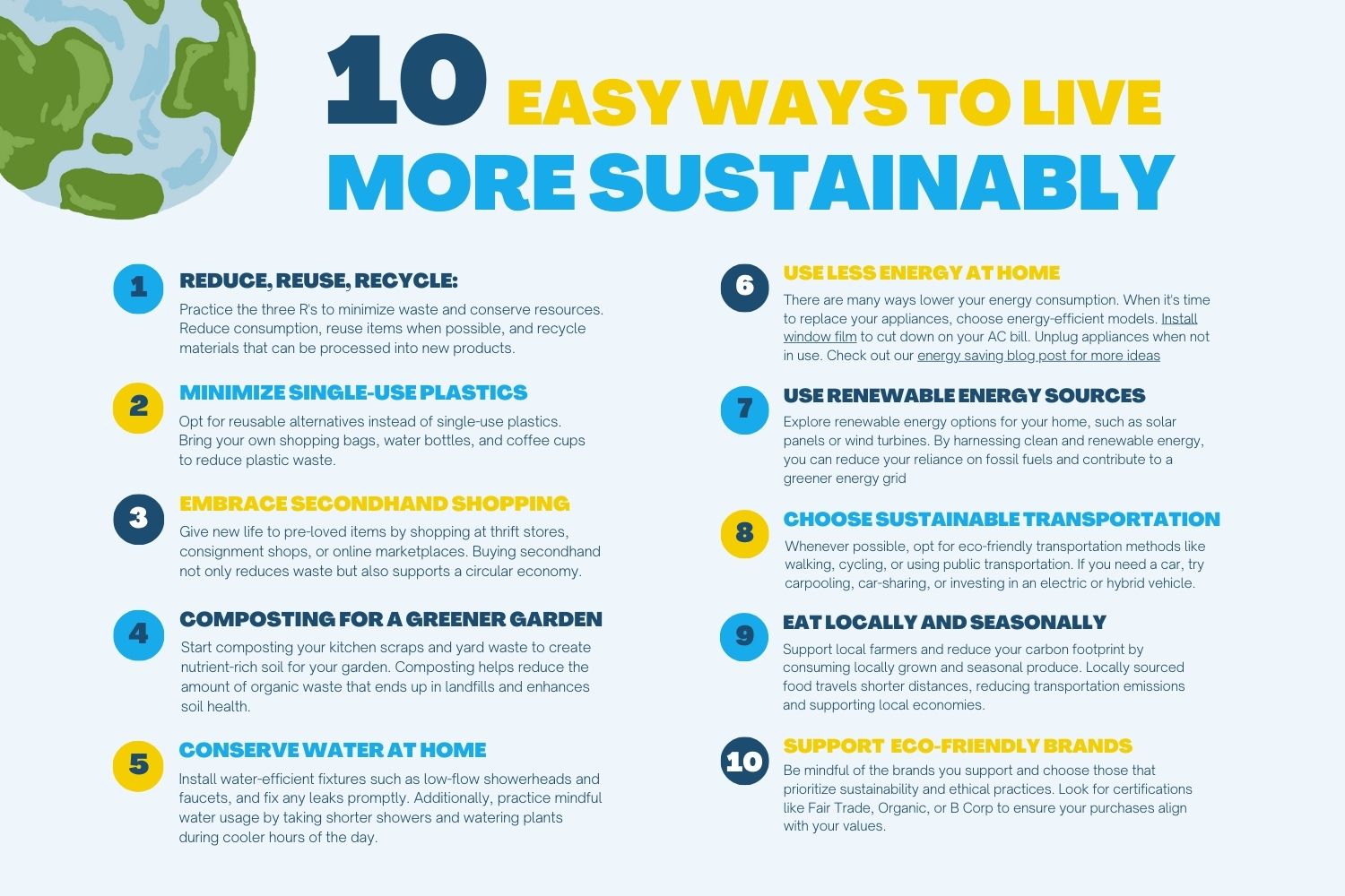 Infographic listing 10 easy ways to live more sustainably