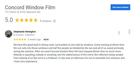Screenshot of a five star review from a customer of ComforTech 25 Ceramic Series Window Film from Concord Window Film