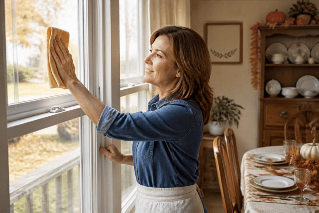 Woman Washing Her Windows In The Fall Getting Ready For The Holiday Season To Give Your Windows A Glow Up