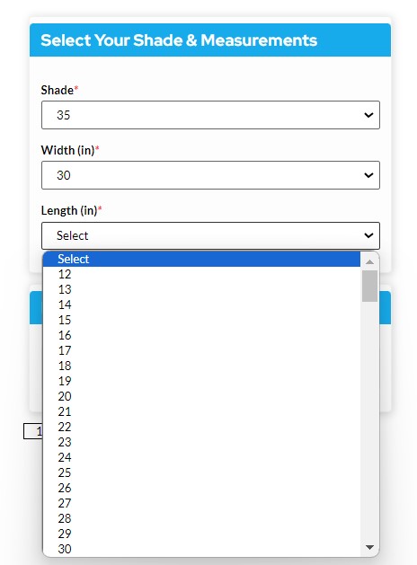Screenshot of the length options on the custom window film size page on windowfilm.com