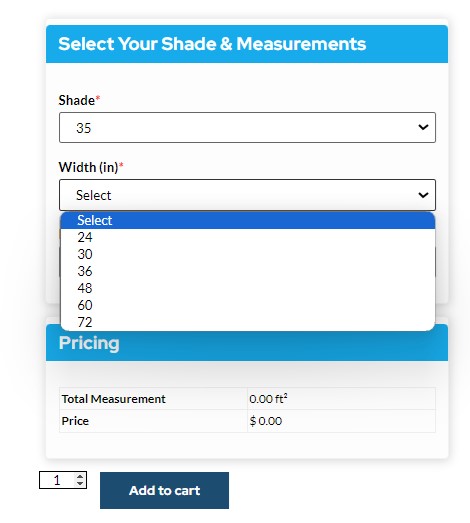 Screenshot of the width options in the custom size menu on windowfilm.com