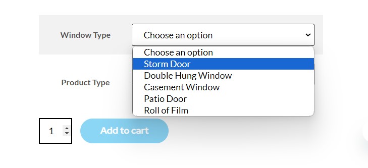 Screenshot of ComforTech Ceramic Series Window Film Order Screen showing how to choose storm door film kits