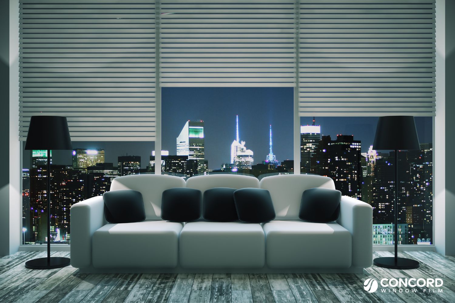 Photo of the inside of a window at night looking out onto the city clearly for a post on dual reflective window film