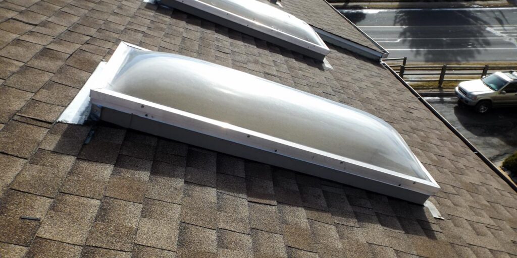 A photo of plastic dome sklights on a roof for a blog post about skylights and window film.