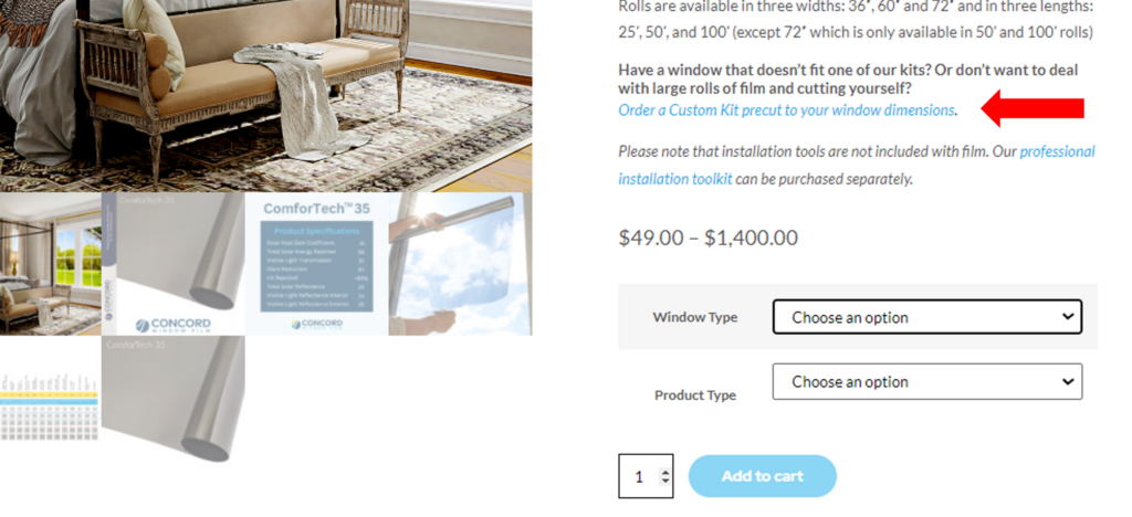 Screenshot of a ComforTech Ceramic Series window film product page highlighting the link to order custom kits for a post on How to Order Window Film