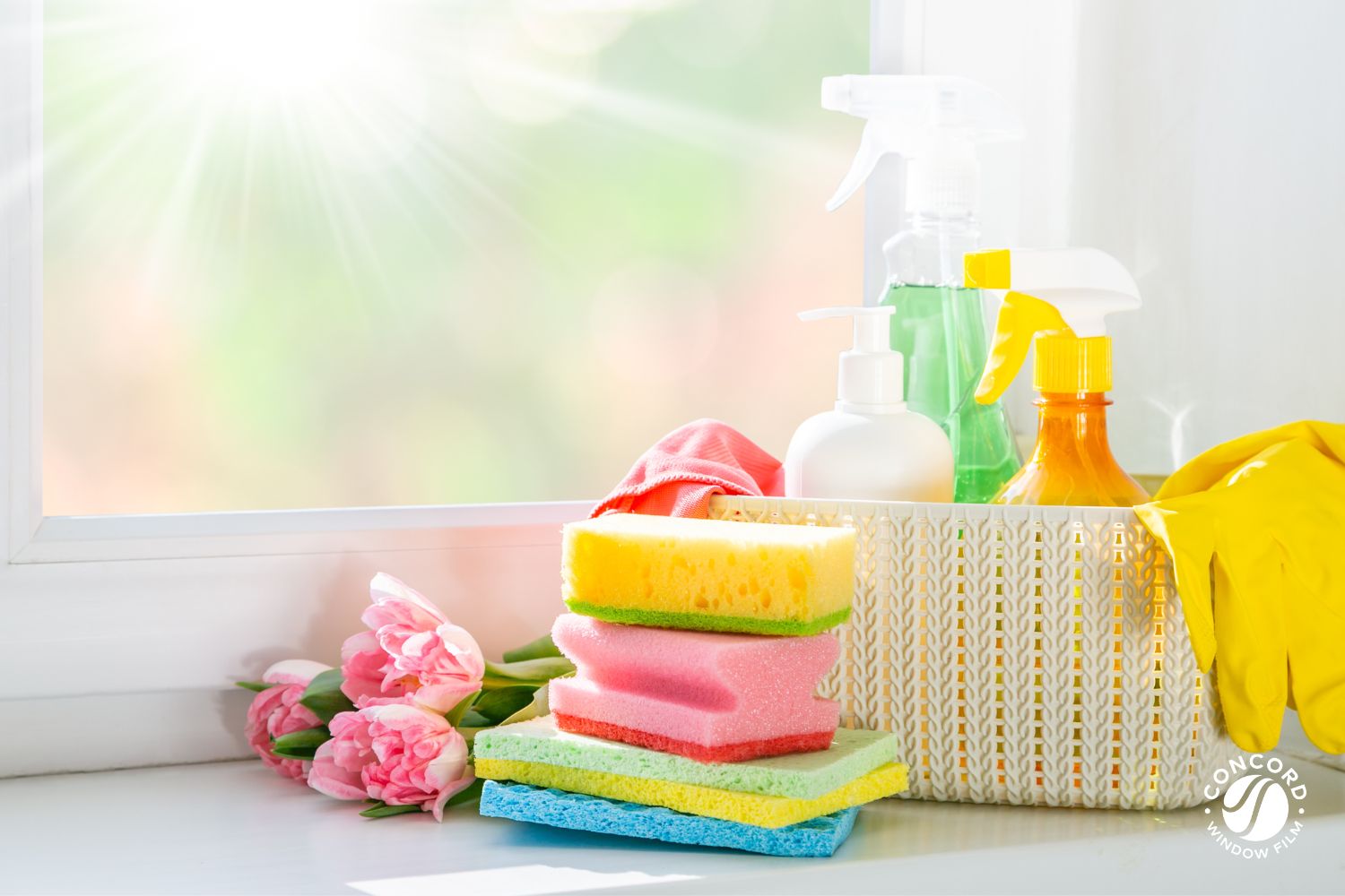 Photo of cleaning supplies sitting near a window with spring flowers for a post entitled the case for spring cleaning