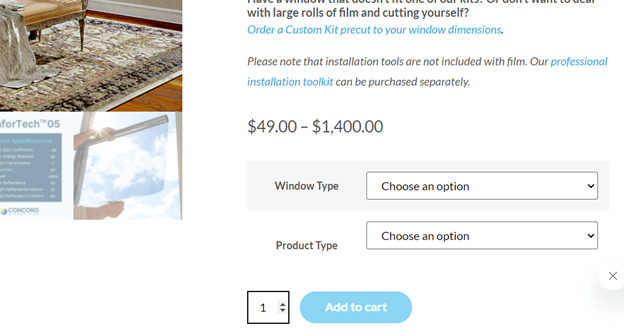 Screenshot of the ComforTech Ceramic Series Window Film Product Page highlighting the dropdown order options for a post on Sliding Glass Door Tint