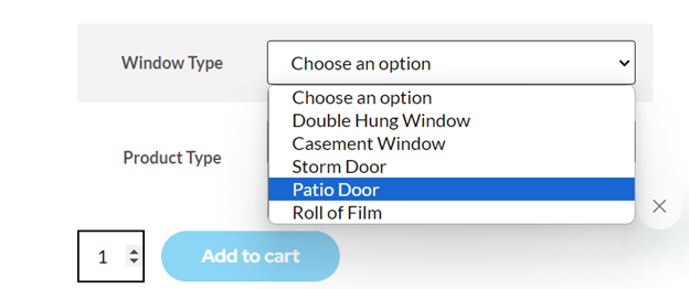 Screenshot of the ComforTech Ceramic Series Window Film Product Page Window Type dropdown order options showng the Patio Door option for a post on Sliding Glass Door Tint