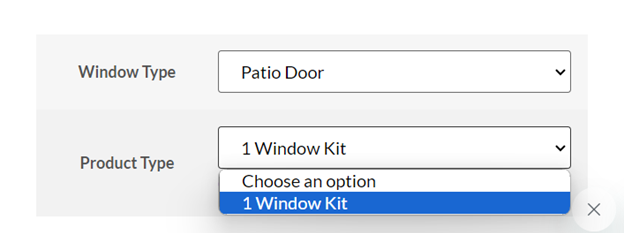 Screenshot of the ComforTech Ceramic Series Window Film Product Page Product Type dropdown order options showing the 1 Window Kit option for a post on Sliding Glass Door Tint