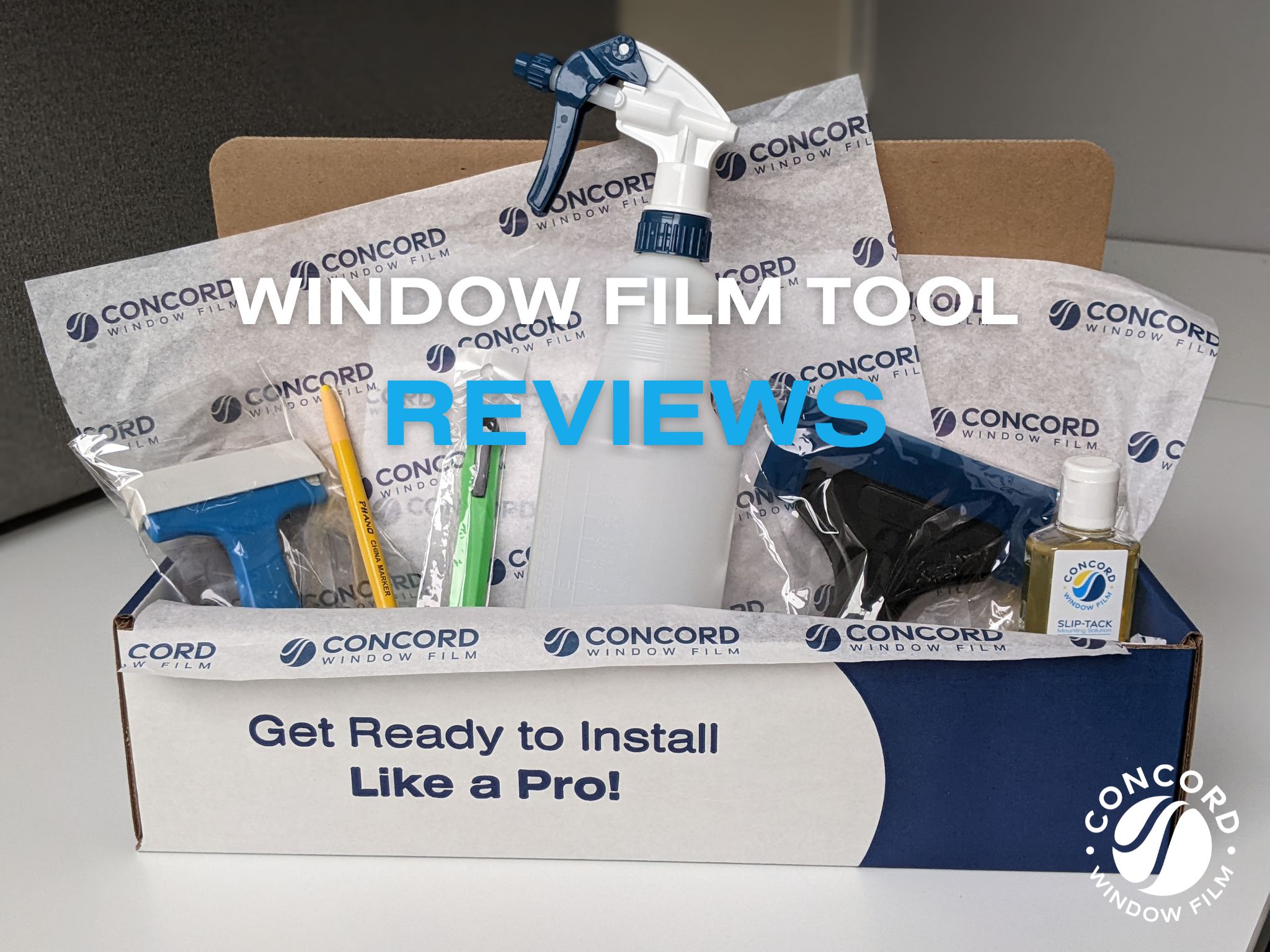Photo of a box of window film tools for a post on window film tool reviews for Concord Window Film