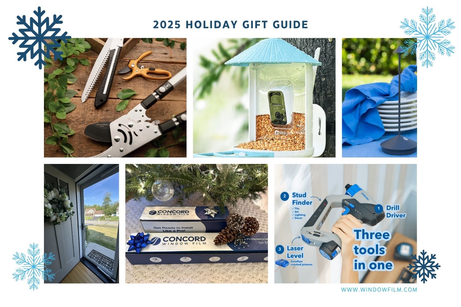 Collage of gift ideas for DIYers for Concord Window Film's 2025 Holiday Gift Guide