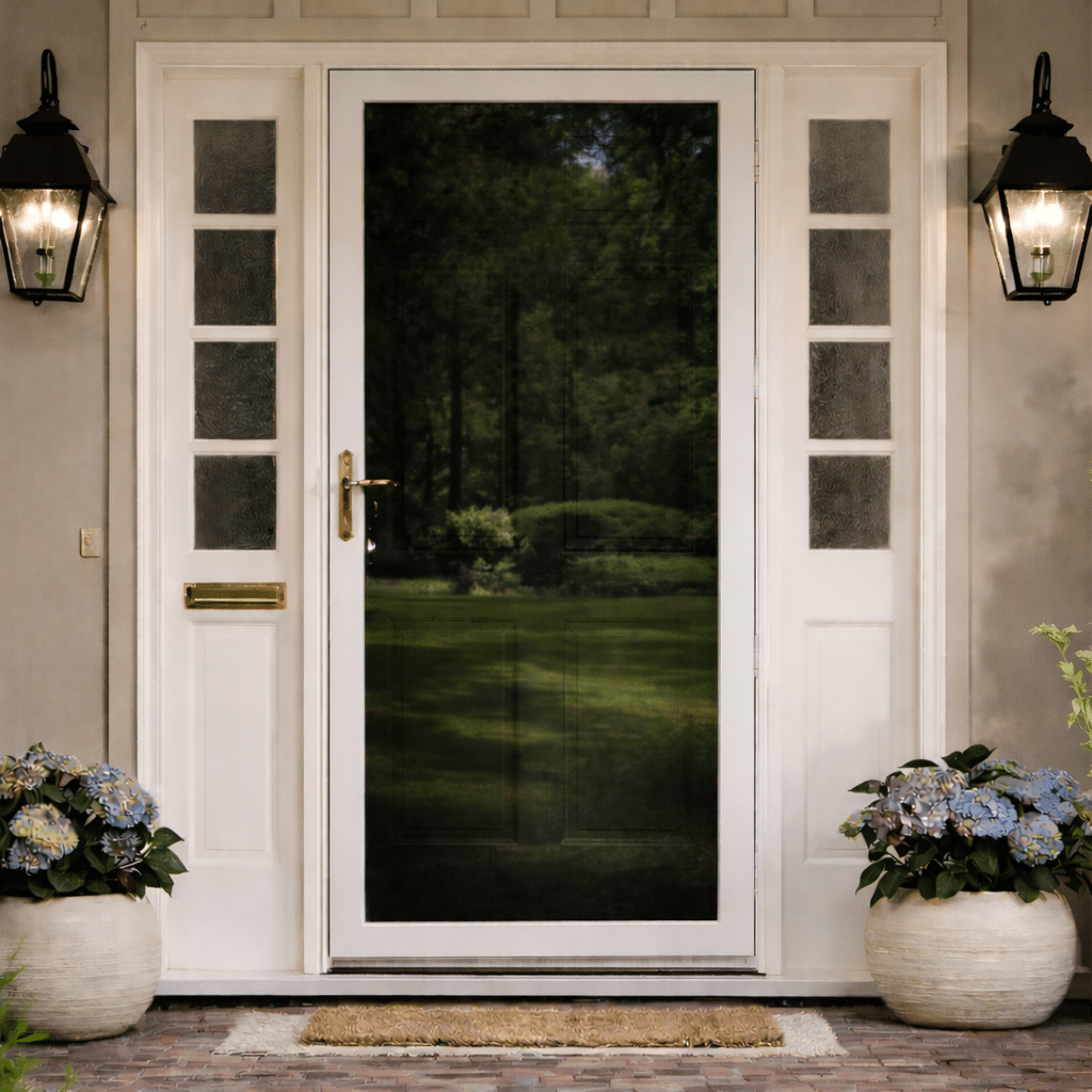 Photo Of A Blue Front Door With A Storm Door Installed With Comfortech 05 Installed For The Storm Door Window Film Kits Product Page