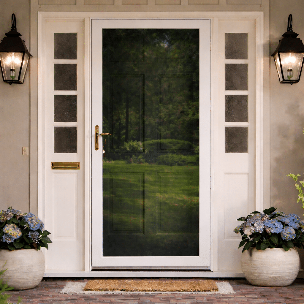 Photo Of A Blue Front Door With A Storm Door Installed With Comfortech 15 Installed For The Storm Door Window Film Kits Product Page
