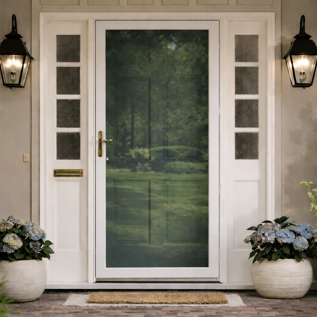 Photo Of A Blue Front Door With A Storm Door Installed With Comfortech 25 Installed For The Storm Door Window Film Kits Product Page