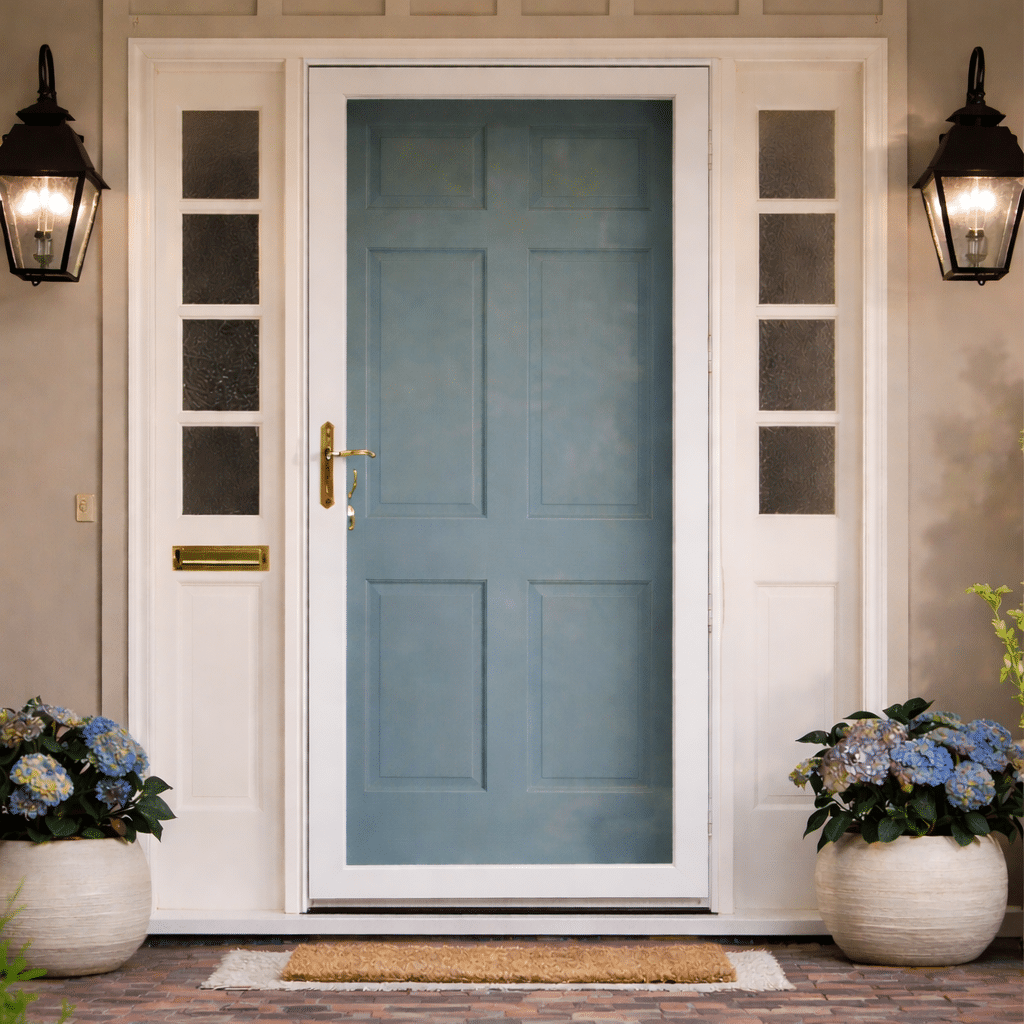 Photo Of A Blue Front Door With A Storm Door Installed With Comfortech 35 Installed For The Storm Door Window Film Kits Product Page